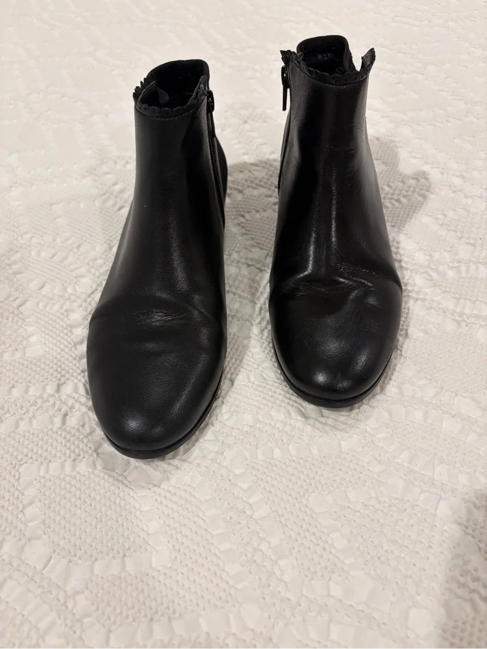 Jack Rogers Bailee Black Leather Scallop-Trim Ankle Bootie